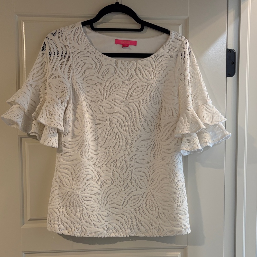 Lilly Pulitzer White Lace Blouse with Ruffle Sleeves